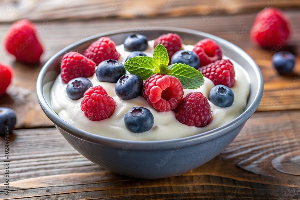 Macro bowl of yogurt with fresh raspberries and blueberries Macro bowl of yogurt with fresh raspberries and blueberries