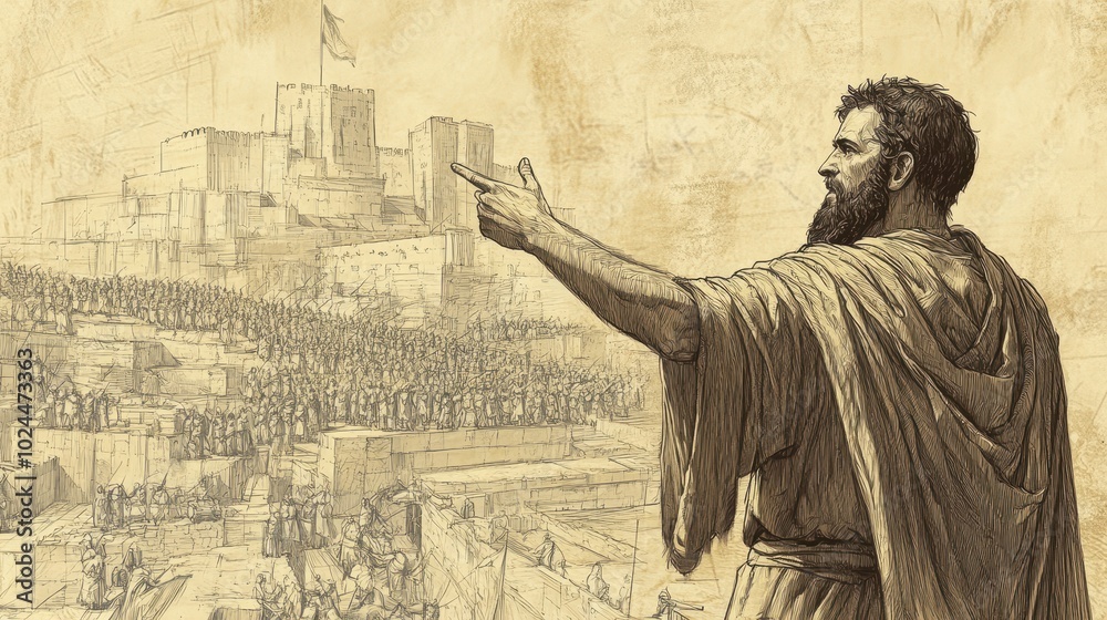 Fototapeta premium Jeremiah standing on a city wall with a face filled with alarm