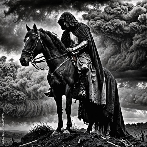El caballero oscuro cabalga hacia un castillo en ruinas