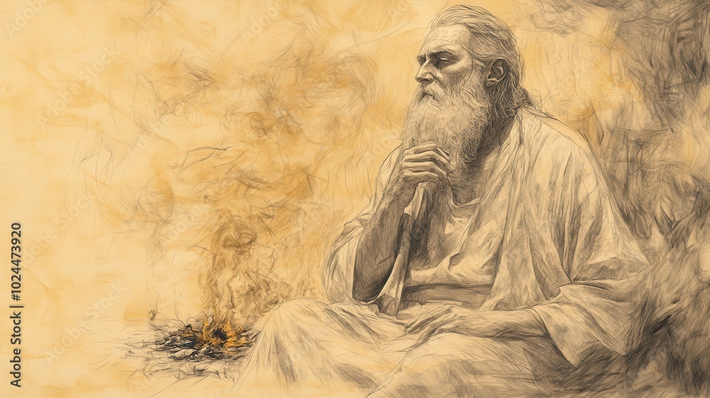 Fototapeta premium Jeremiah s Contemplative Gaze at the Dying Embers A Minimalist Wall Art Sketch Depicting a Pensive Moment from Biblical Times