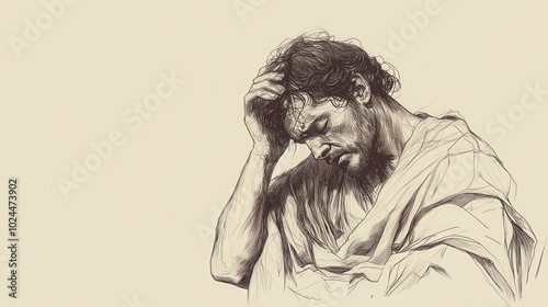 Minimalist of the prophet Jeremiah mourning in a solemn act of lamentation with sackcloth over his shoulders and ashes in his hair against a plain beige background with pencil lines