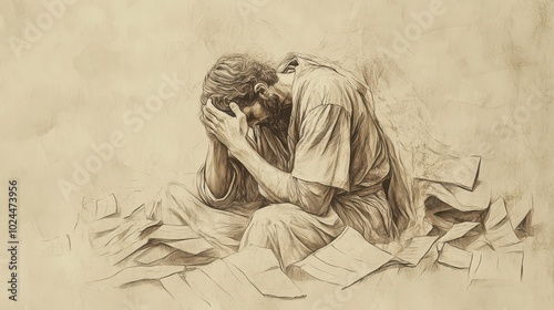 Jeremiah alone in a darkened room head in his hands surrounded by scattered scrolls and broken pottery expressing deep sorrow and lament in this minimalist historical biblical sketch