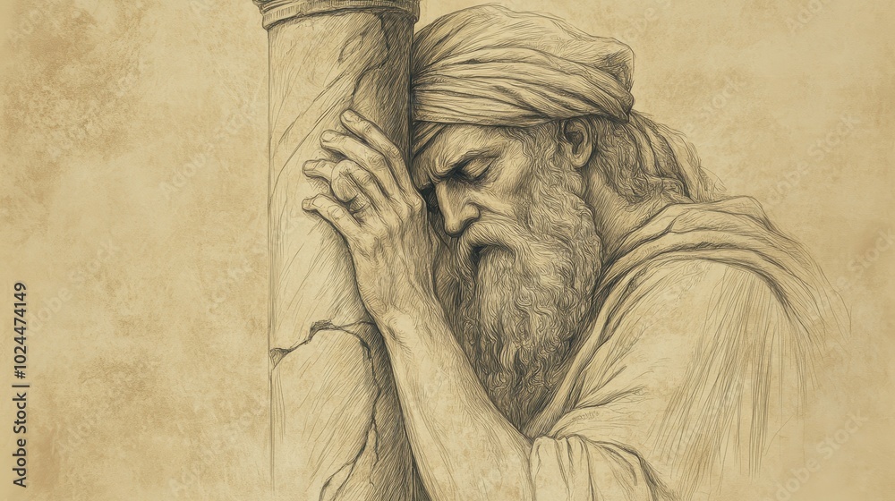 Fototapeta premium An image depicting Jeremiah a biblical figure leaning against a cracked temple pillar with his eyes closed and a hand on his forehead as if burdened by the weight of his complaints