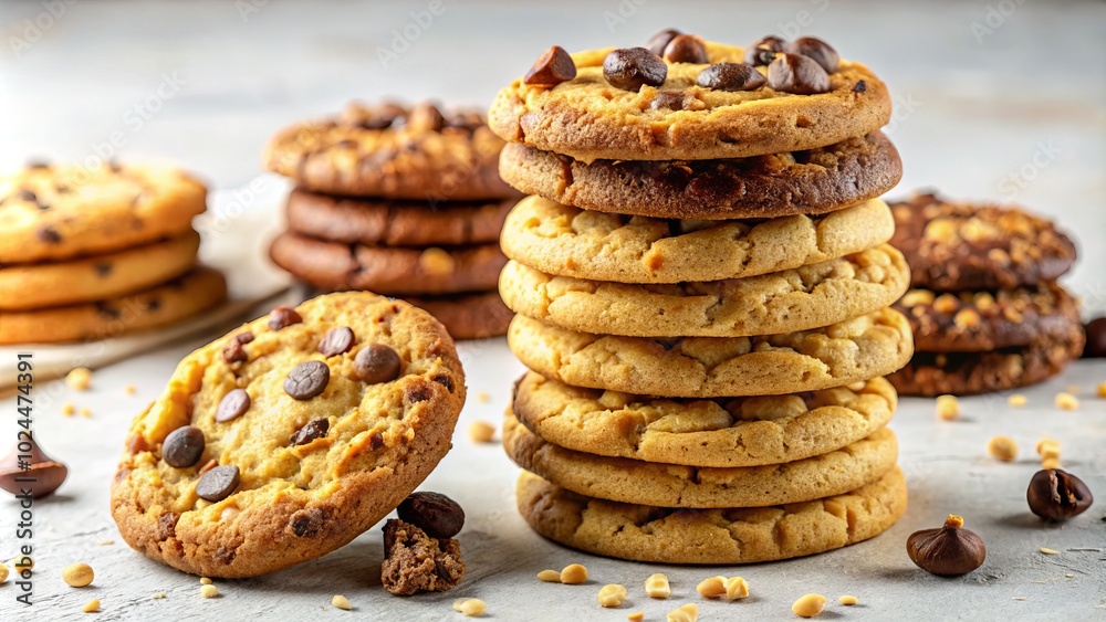Irresistibly crispy homemade cookies elegantly stacked on a pristine white surface, designed for baking enthusiasts who love crafting scrumptious and visually appealing confections. Irresistibly crispy homemade cookies elegantly stacked on a pristine white surface, designed for baking enthusiasts who love crafting scrumptious and visually appealing confections.