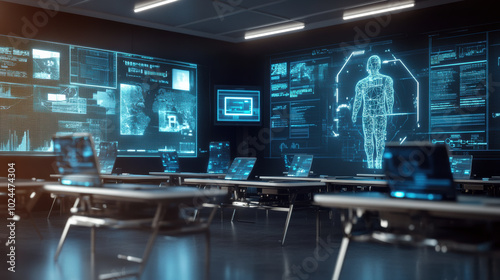 Futuristic classroom featuring holographic displays and advanced technology, showcasing modern learning environment with digital interfaces and interactive elements