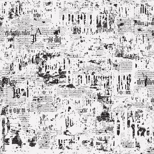 Abstract seamless pattern with scuffed collage of newspaper or magazine clippings. Vector background in grunge style with titles, illustrations and imitation of text. Wallpaper, wrapping paper, fabric