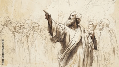 Minimalist wall art depicting the biblical prophet Jeremiah raising his voice in the marketplace to denounce the false prophets and their empty promises to a skeptical crowd photo