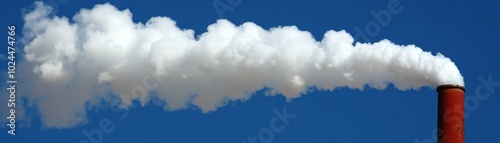 Industrial emissions, a solitary smokestack releases plume of white smoke into the clear sky