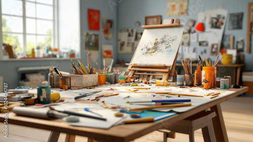 vibrant workspace filled with art supplies, showcasing creative chaos of brushes, paints, and sketches. atmosphere is inspiring and inviting for artistic expression