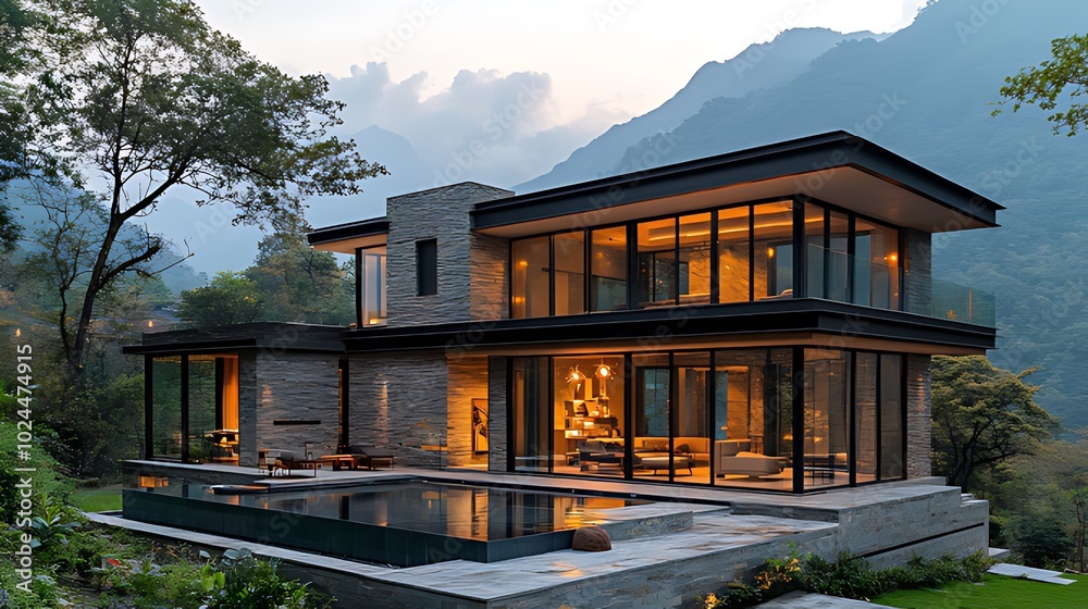 Modern luxury house with a swimming pool and mountain view. Modern luxury house with a swimming pool and mountain view.
