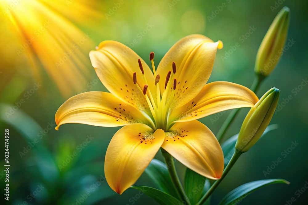 Macro close-up of a blooming yellow lily against a green background Macro close-up of a blooming yellow lily against a green background