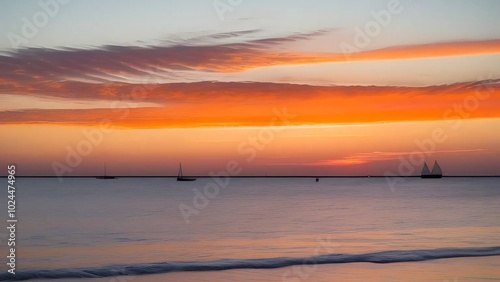 Sunset over the ocean with distant sailboats silhouetted against the colorful sky.