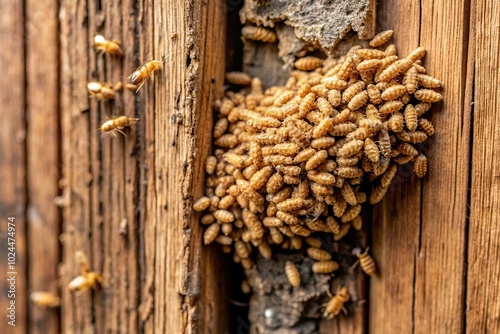 Macro closeup background and texture of termite nest at wooden wall