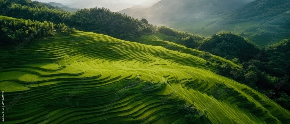 Breathtaking aerial view of lush green terraces and rolling hills under a cloudy sky. Breathtaking aerial view of lush green terraces and rolling hills under a cloudy sky.