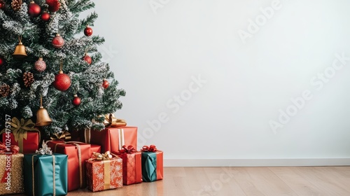 A festive christmas tree adorned with ornaments and surrounded by thoughtfully wrapped presents photo