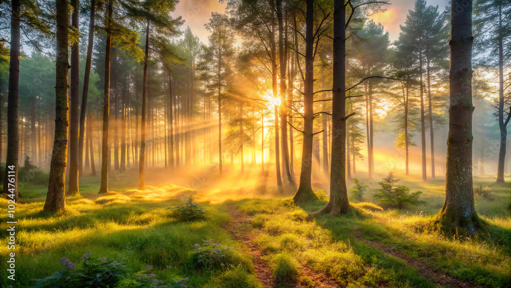 Obraz premium sunrise in the forest. forest, autumn, trees, fall, nature, tree, landscape, woods, park, leaves, sun, path, foliage, light, leaf, season, wood, yellow, misty, green, fog, woodland, orange, mist, road
