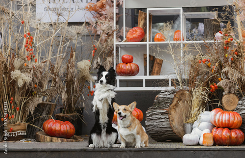 Photography Two dogs with pumpkins, Halloween decor.