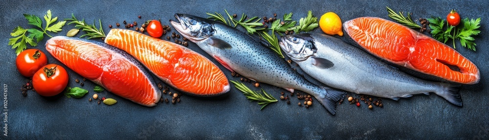 Vibrant underwater scene, a diverse group of fish feasting on colorful array of food Vibrant underwater scene, a diverse group of fish feasting on colorful array of food