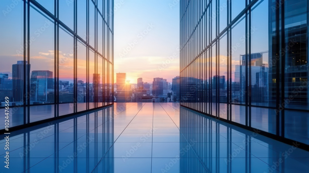 Modern office space with sunset skyline view Modern office space with sunset skyline view