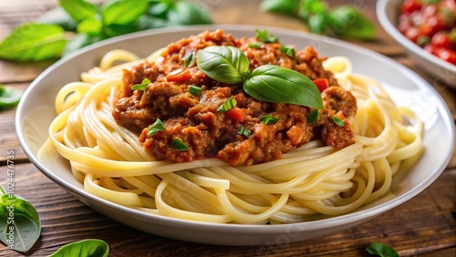 Macro closeup shot of pasta with bolognese and basil