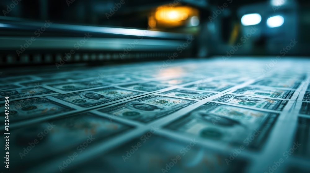 Close-up of freshly printed banknotes in production