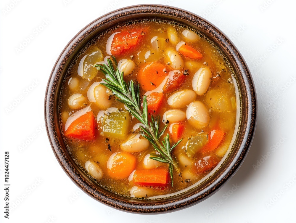 A rustic bowl of white bean soup with vegetables like carrots and tomatoes, garnished with a sprig A rustic bowl of white bean soup with vegetables like carrots and tomatoes, garnished with a sprig