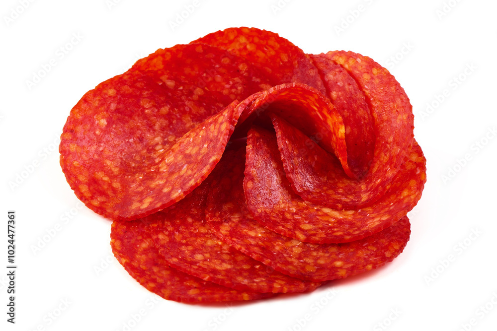 Spanish pork chorizo sausage slices, close-up, isolated on white background. Spanish pork chorizo sausage slices, close-up, isolated on white background.