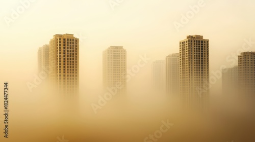 Skyscrapers shrouded in morning fog