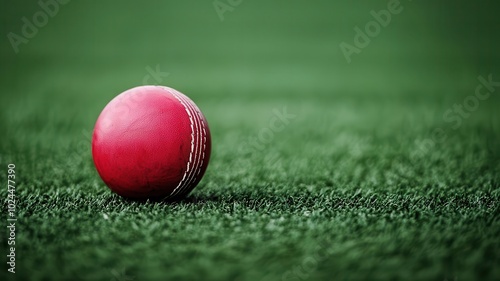 A vibrant red cricket ball rests on a green grass field, showcasing its detailed stitching against the lush background.