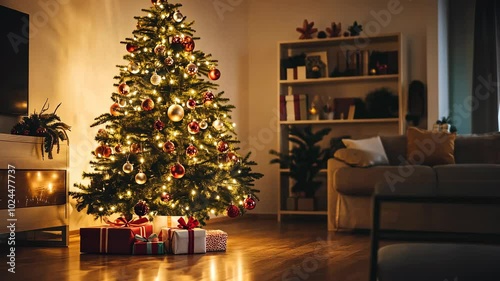 Christmas Tree Decorated with Lights and Ornaments photo