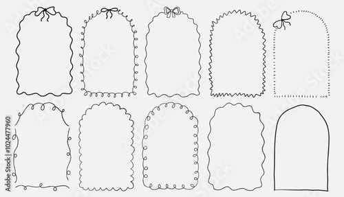 Set of whimsical wavy doodle frames with bows. Border with elegant outline loop for greeting cards. Symbol wedding celebration and birthday party decorations