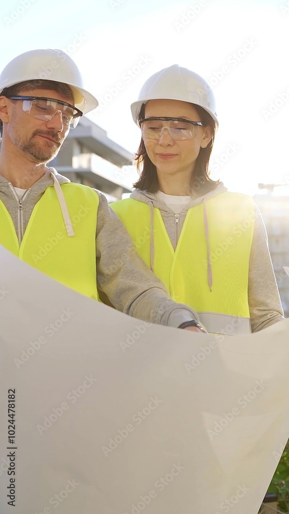 Two architects wearing safety hard hats and vests holding blueprint and discussing something on construction site at sunrise, front vertical view. Architecture engineering and teamwork concept Two architects wearing safety hard hats and vests holding blueprint and discussing something on construction site at sunrise, front vertical view. Architecture engineering and teamwork concept