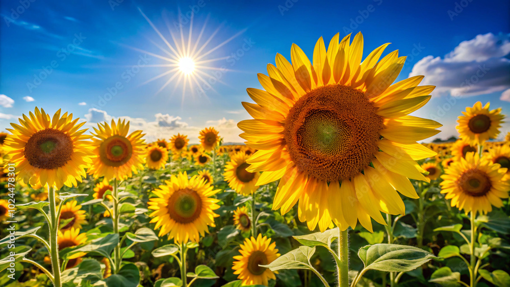 Obraz premium field of sunflowers. sunflower, flower, field, summer, sky, nature, yellow, agriculture, sun, blue, plant, green, sunflowers, bright, leaf, blossom, meadow, landscape, flora, sunny, rural, growth, pet
