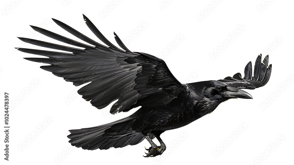 Obraz premium Crow flying on sky isolated on transparent background