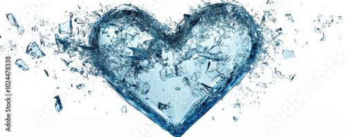 Shattered blue heart shape, glass fragments, white isolated background