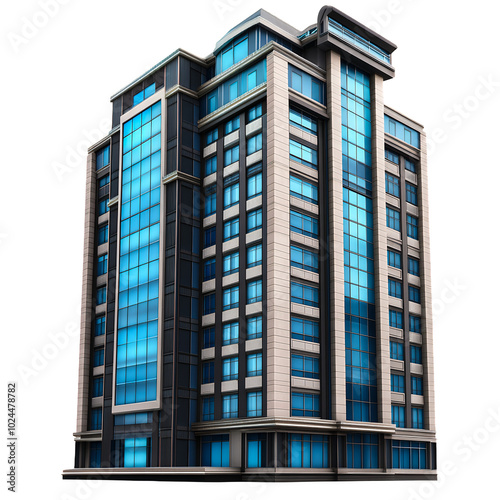 Tall Building with Blue Glass Windows Isolated on Transparent Background