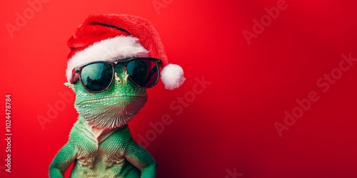 Fototapeta Naklejka Na Ścianę i Meble -  Merry Christmas concept holiday vacation winter animal pet greeting card - Cool chameleon with sunglasses and santa claus hat, isolated on red background