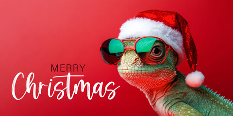 Merry Christmas concept holiday vacation winter animal pet greeting card with text - Cool santa claus chameleon with sunglasses and santa hat, isolated on red background