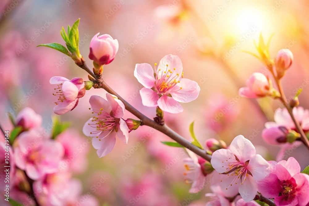 Macro delicate pink peach blossoms blooming in spring sunlight Macro delicate pink peach blossoms blooming in spring sunlight