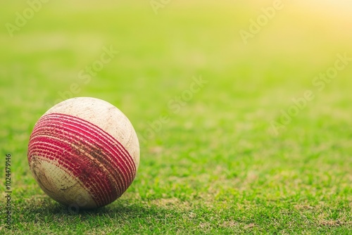 A cricket ball rests on a vibrant green field, illuminated by warm sunlight, symbolizing the essence of sport and recreation.