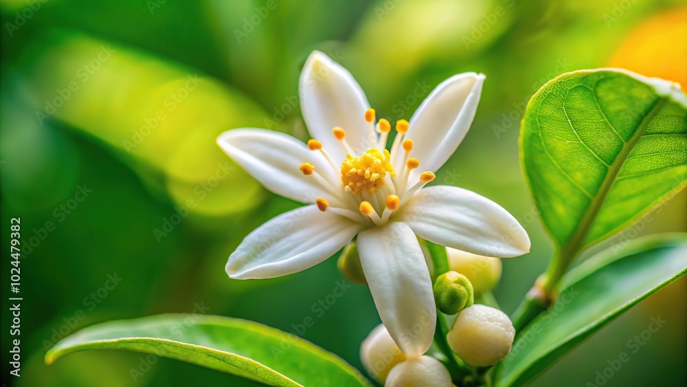 Macro detail of lemon tree flower with blurred background