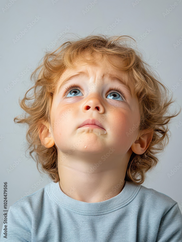 A child with teary eyes, looking up with sadness, isolated, side-angle shot, neutral lighting. A child with teary eyes, looking up with sadness, isolated, side-angle shot, neutral lighting.