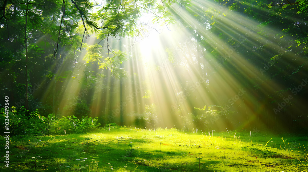 Obraz premium Forest with Sunlight Filtering Through the Trees 