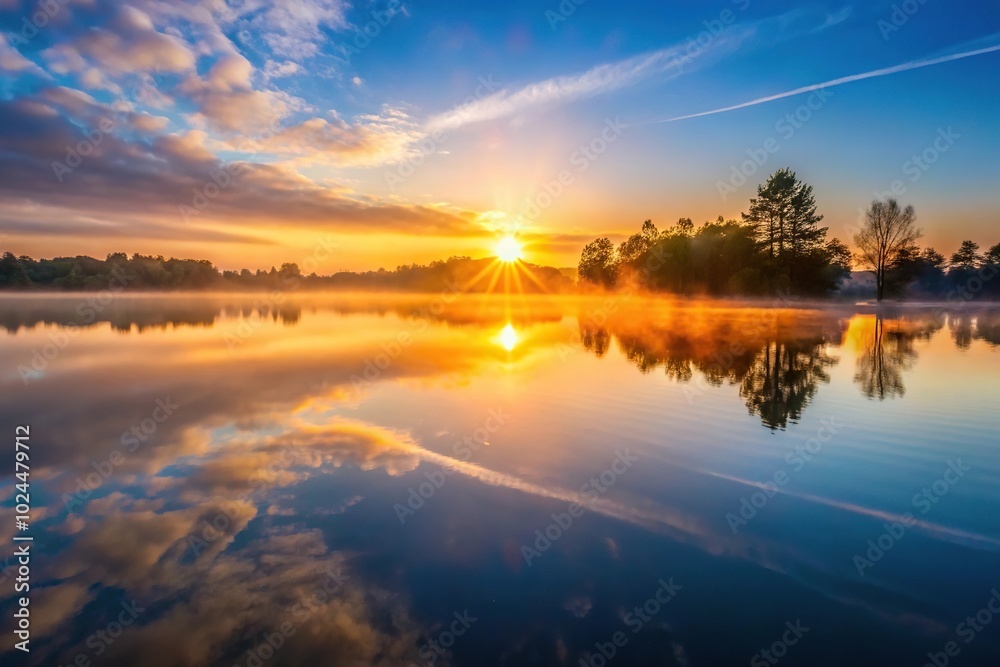 Macro early morning sunrise reflected on lake