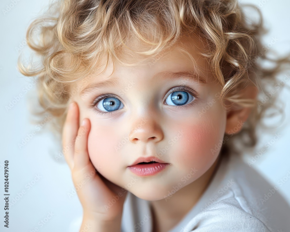 A child sitting with a surprised look, hand on cheek, isolated background, soft shadows, close-up A child sitting with a surprised look, hand on cheek, isolated background, soft shadows, close-up