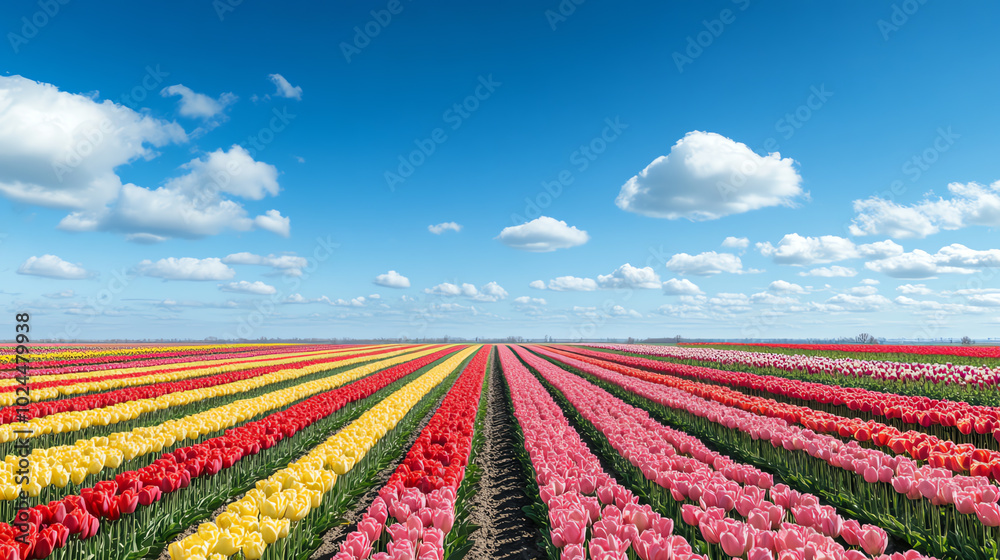 Colorful tulip field under blue sky Colorful tulip field under blue sky