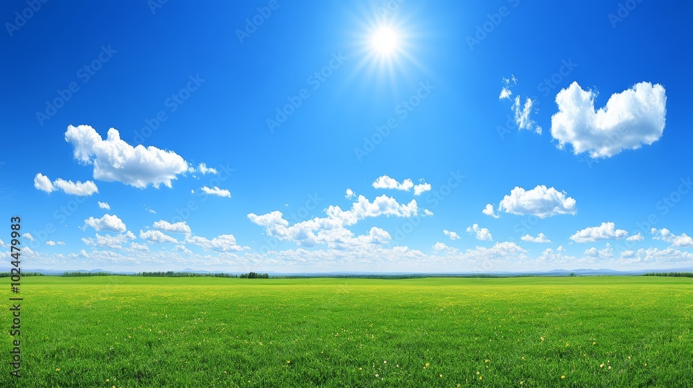 Vibrant wildflower meadow, a captivating landscape of green grass and yellow blooms Vibrant wildflower meadow, a captivating landscape of green grass and yellow blooms