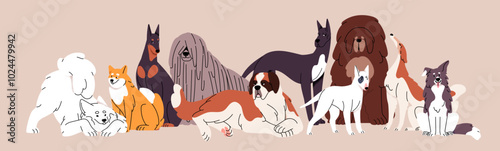 Cute dogs horizontal banner. Funny puppies of borzoi, akita inu, dobermann, border collie, samoyed. Happy purebred doggies. Group portrait of different canine breeds. Flat vector illustration