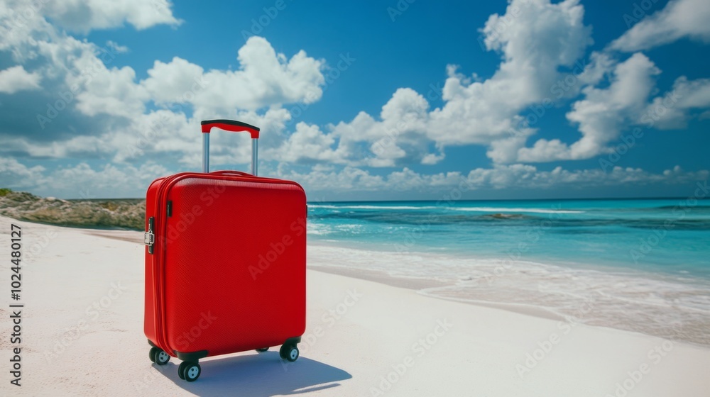 Red Suitcase on a Sandy Beach with Turquoise Ocean and White Clouds Red Suitcase on a Sandy Beach with Turquoise Ocean and White Clouds