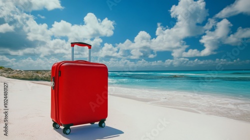 Red Suitcase on a Sandy Beach with Turquoise Ocean and White Clouds